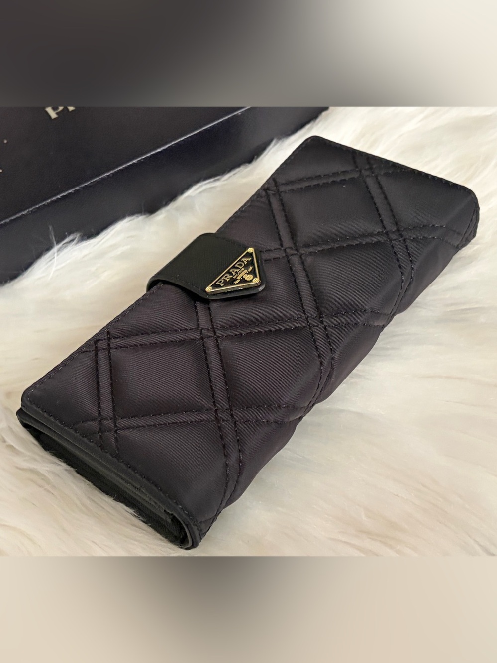 Prada Black Quilted Nylon Wallet with Gold Triangle Logo